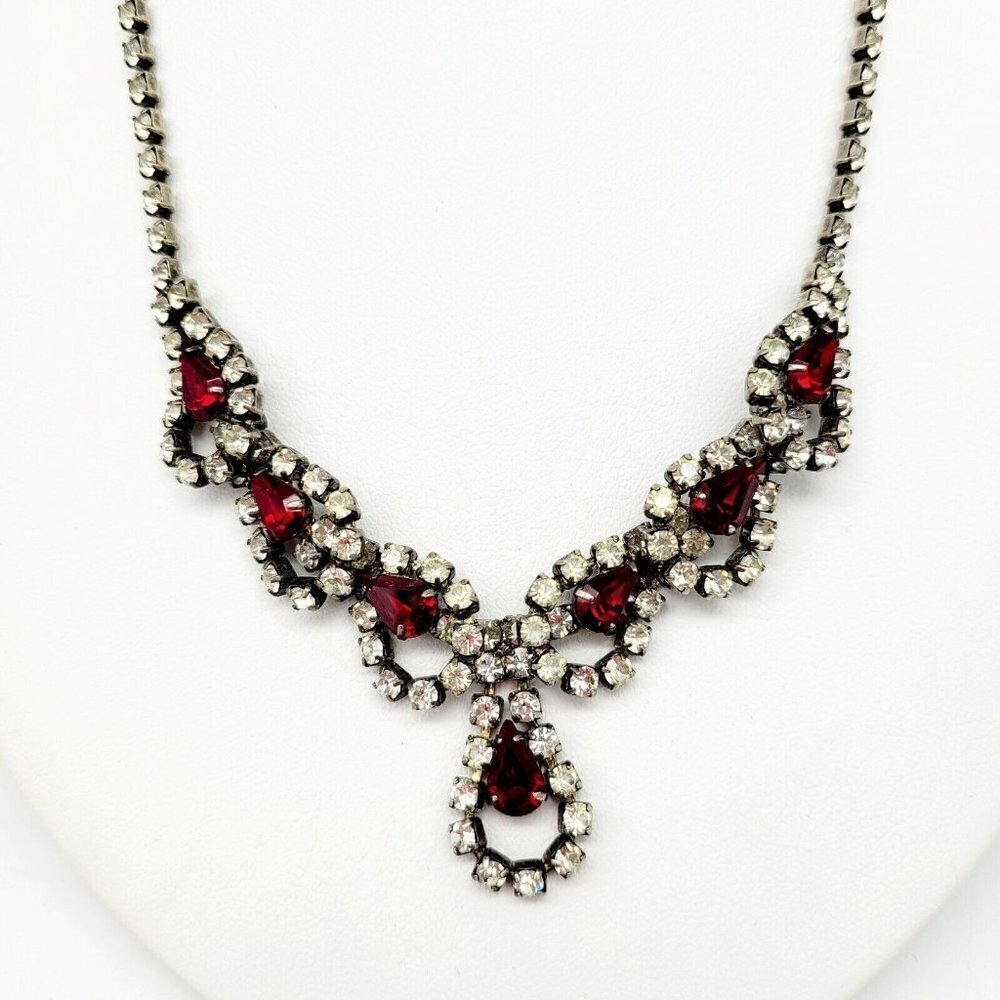 Vintage Deep Red & Clear Rhinestone Choker Necklace Teardrop Silver Tone 15"